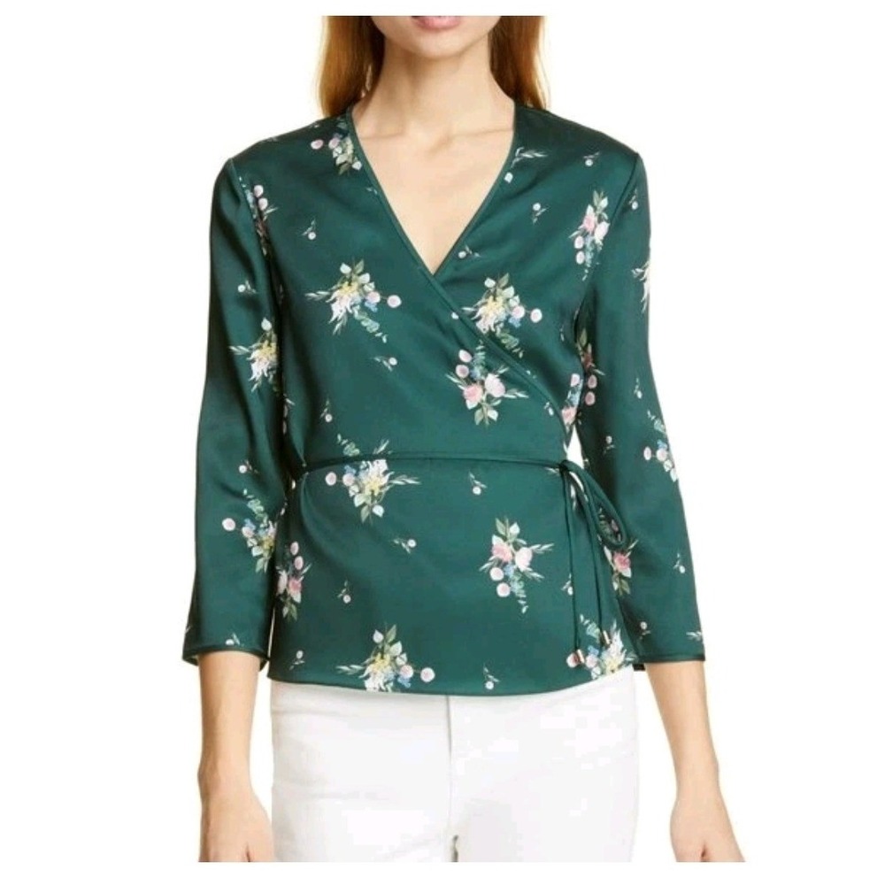 Ted Baker London Green Floral Satin Wrap Top V-Neck 3/4 Sleeve Size 5 US 12 NWT